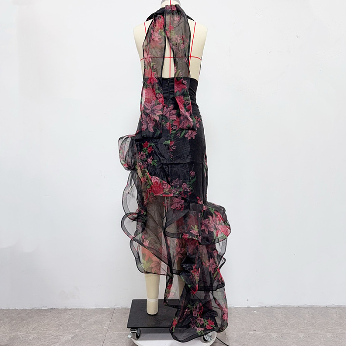 Halterneck Floral Ruffle Maxi Dress