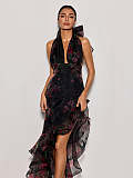 Halterneck Floral Ruffle Maxi Dress
