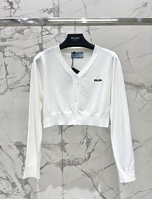 Prada Triangle Logo V-Neck Sweater in White