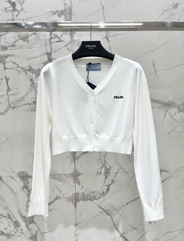 Prada Triangle Logo V-Neck Sweater in White