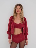 Plush Berry Red Cardigan, Bralette & High-Waist Shorts