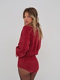 Plush Berry Red Cardigan, Bralette & High-Waist Shorts