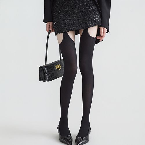 Velvet Scalloped Suspender Tights in Black(5 pairs)