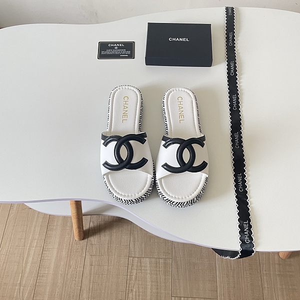 Chanel Premium Microfiber Leather Slides White & Black