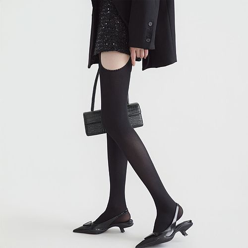 Velvet Scalloped Suspender Tights in Black(5 pairs)