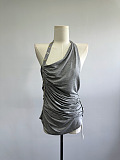 Backless Pleated Button Halter Top