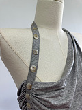 Backless Pleated Button Halter Top