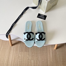Chanel Leather Slides(black & Cyan)