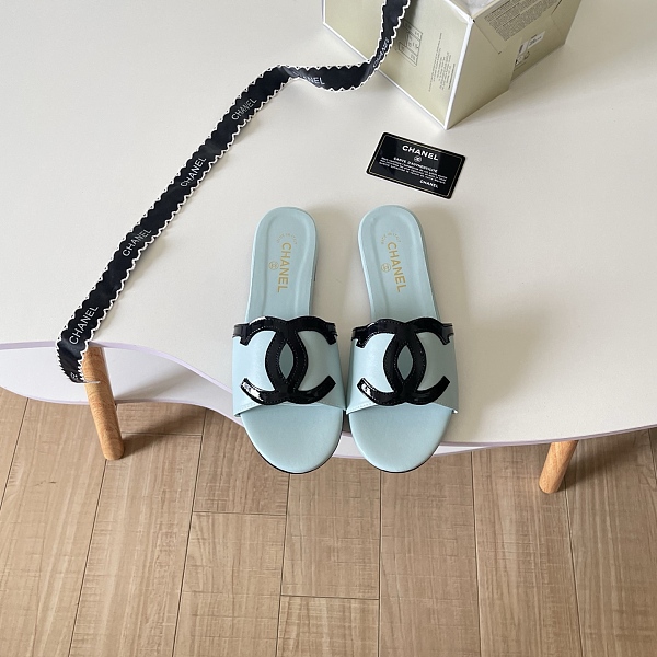Chanel Leather Slides(black & Cyan)