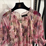 D&G Romantic Rose Print Chiffon Midi Dress with Smocked Neck