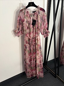 D&G Romantic Rose Print Chiffon Midi Dress with Smocked Neck