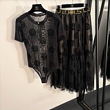 Baroque Embossed Mesh Bodysuit & Tiered Tulle Skirt