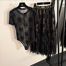 Baroque Embossed Mesh Bodysuit & Tiered Tulle Skirt