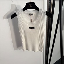 Miu Miu Ribbed Tank Top with Lace Trim