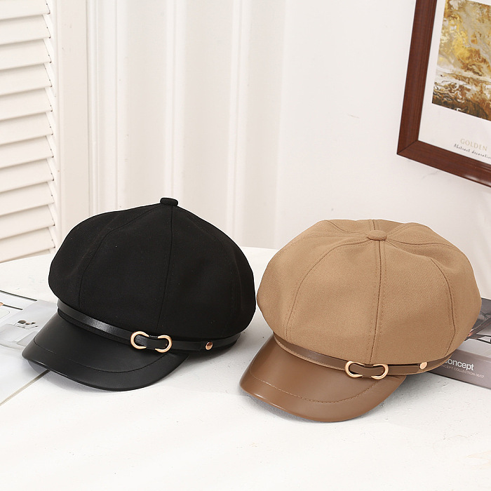 Women's Leather Brim Buckle  Beret Cap