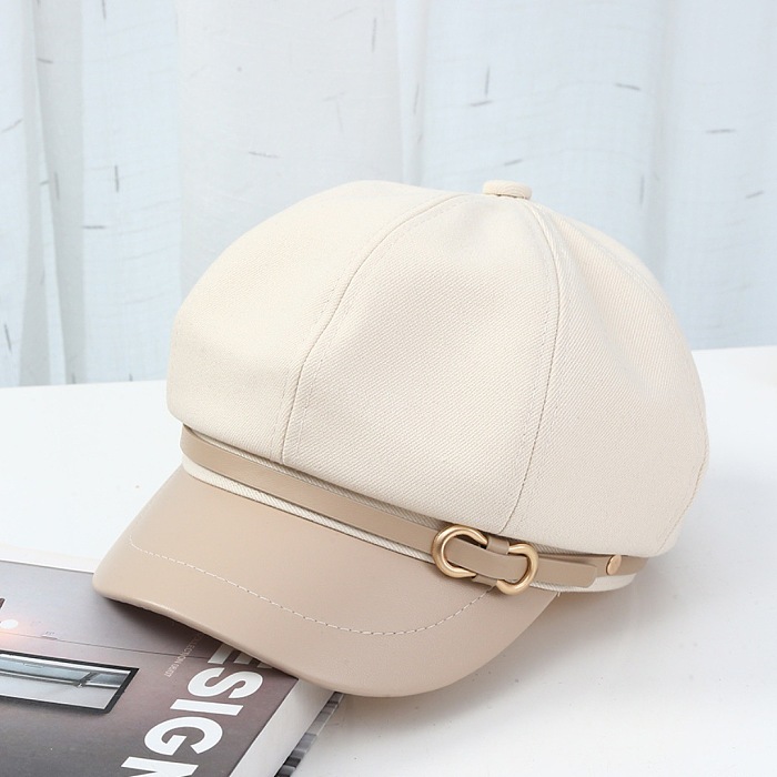 Women's Leather Brim Buckle  Beret Cap