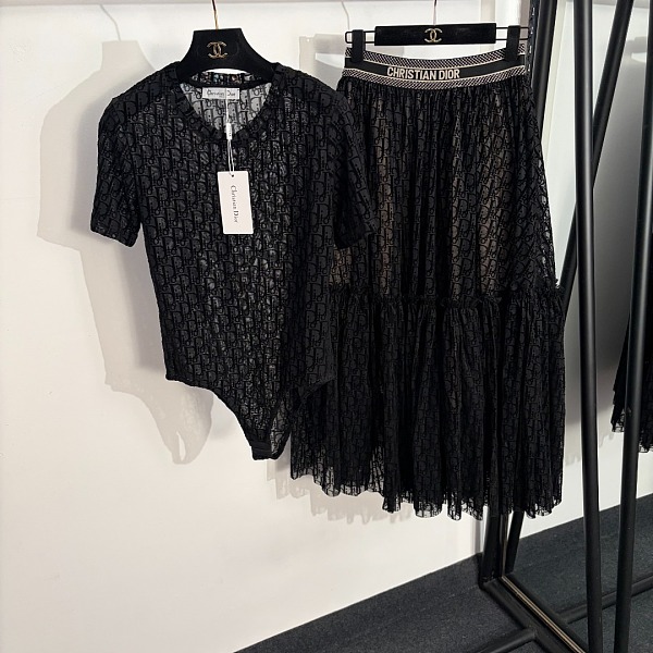 Dior Oblique Monogram Lace Bodysuit & Midi Skirt Set