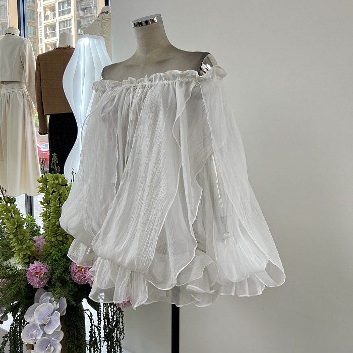 Asymmetric Ruffled Tulle Mini Dress in Ivory White