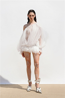 Asymmetric Ruffled Tulle Mini Dress in Ivory White
