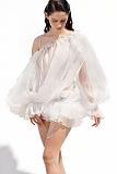 Asymmetric Ruffled Tulle Mini Dress in Ivory White