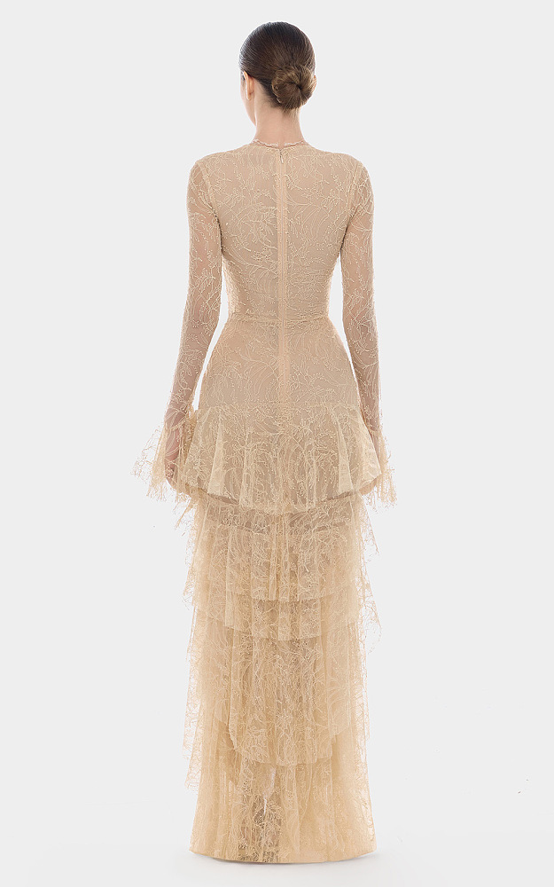 Deep V-Neck Ruffled Lace Gown