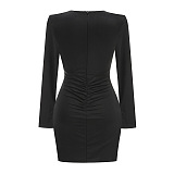 Long Sleeve Ruched Bodycon Dress with Crystal Details