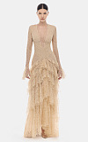 Deep V-Neck Ruffled Lace Gown