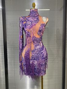 Beaded Printed Fringes Evening Gown