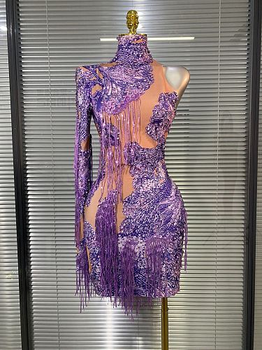 Beaded Printed Fringes Evening Gown