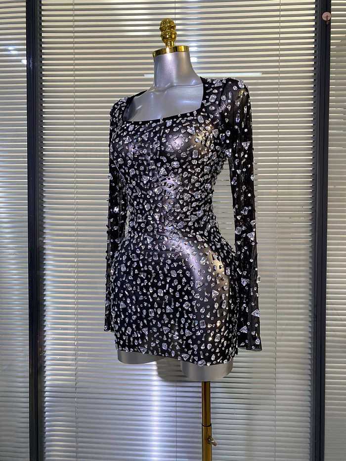 Black Mesh Long Sleeves Rhinestone Mini Dress