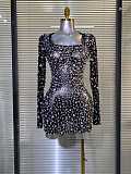 Black Mesh Long Sleeves Rhinestone Mini Dress