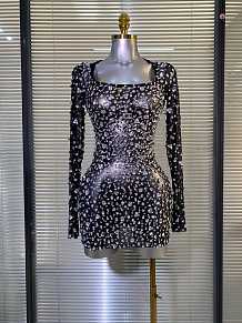 Black Mesh Long Sleeves Rhinestone Mini Dress
