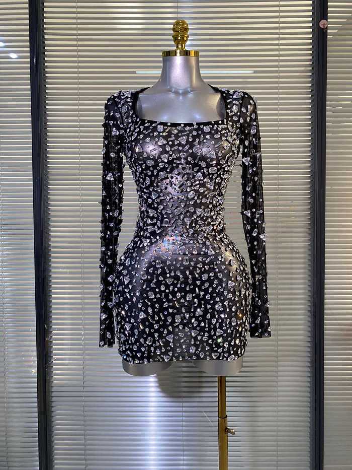 Black Mesh Long Sleeves Rhinestone Mini Dress