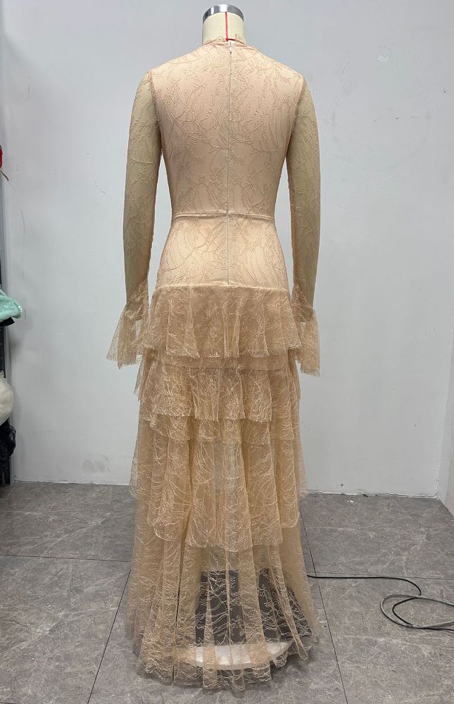 Deep V-Neck Ruffled Lace Gown
