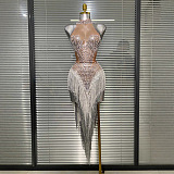 Rhinestone Fringes Halter Party Dress