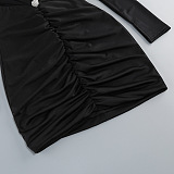 Long Sleeve Ruched Bodycon Dress with Crystal Details