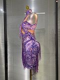 Beaded Printed Fringes Evening Gown