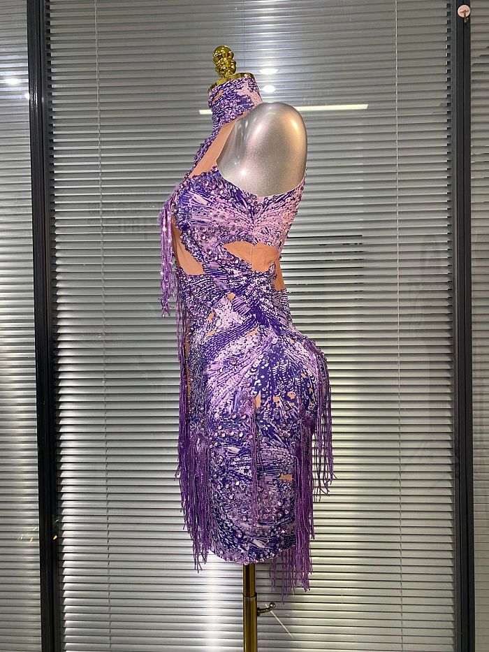 Beaded Printed Fringes Evening Gown