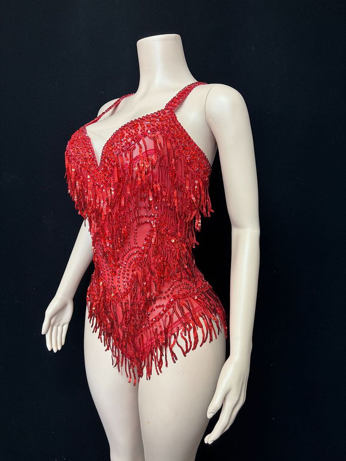 Red Crystal Beaded Fringe Taylor-Inspired Bodysuit