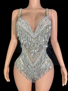 Silver Crystal Beaded Fringe Taylor-Inspired Bodysuit