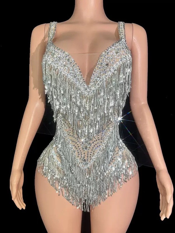 Silver Crystal Beaded Fringe Taylor-Inspired Bodysuit
