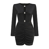 Long Sleeve Ruched Bodycon Dress with Crystal Details