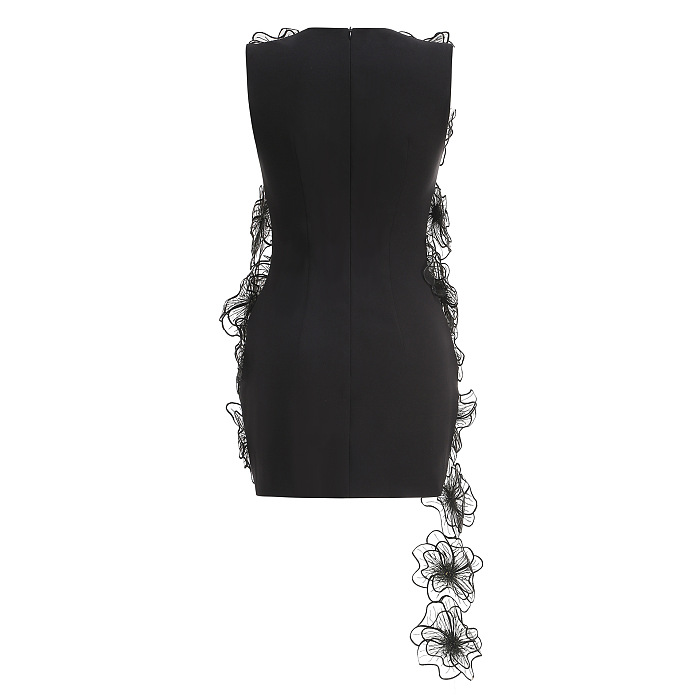 Black Floral Applique Lace Mini Dress