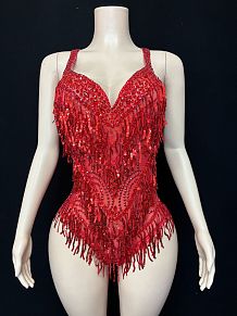 Red Crystal Beaded Fringe Taylor-Inspired Bodysuit