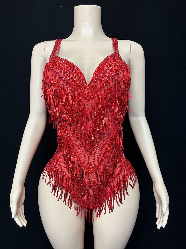 Red Crystal Beaded Fringe Taylor-Inspired Bodysuit