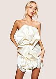 White Strapless Oversized Floral Satin Mini Dress