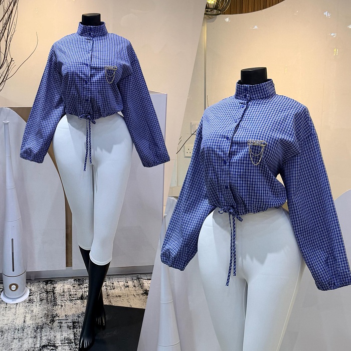 Drawstring Lantern Sleeves Plaid Shirt
