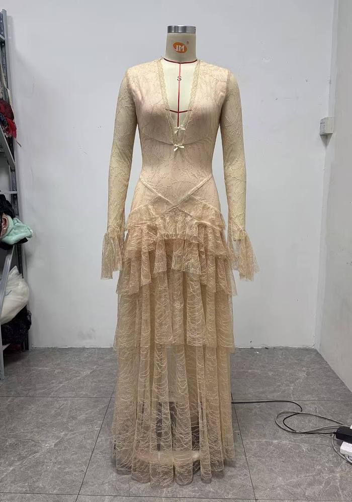 Deep V-Neck Ruffled Lace Gown