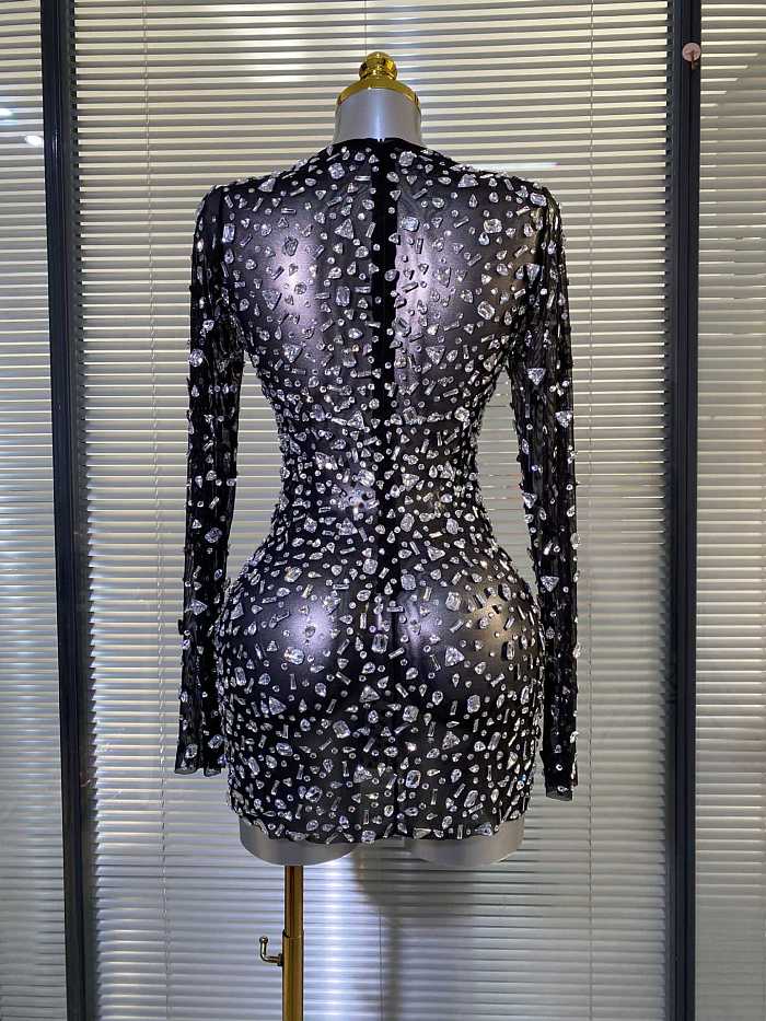 Black Mesh Long Sleeves Rhinestone Mini Dress