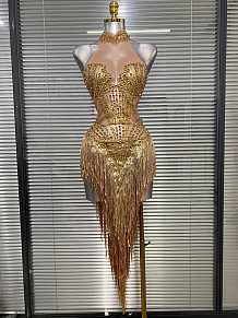 Rhinestone Fringes Halter Party Dress